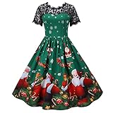 Robe de Noël pour Femmes - Déguisement Vintage Rétro avec Garniture en Dentelle, Manches Courtes, Imprimé Noir - Robe Swing pour Cocktail et Fête de Noël