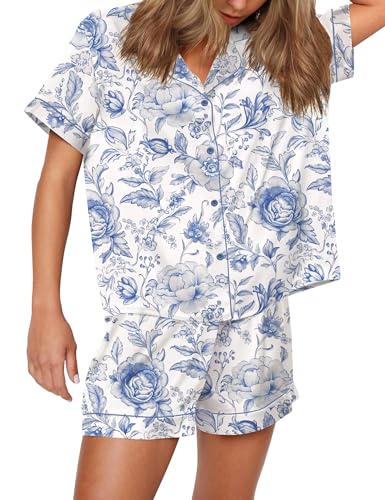 Image of SHESHOW Satin Pajamas for Women Set Preppy Animals Pjs Short Sleeve Shorts 2 Piece Loungewear Sets XS-XXL