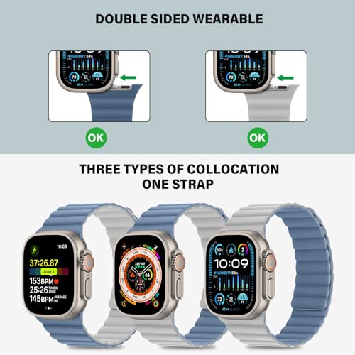 Bracelet Apple Watch magnétique double face silicone réversible gris bleu