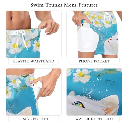 Fall Cat Yellow Florals Mens Swim Trunks with Liner, Cool Quick Dry Beach Swim Shorts, Swimwear Bathing Suits S3