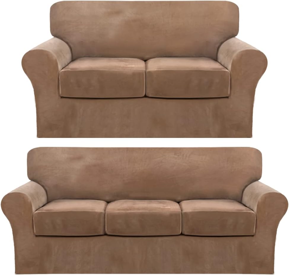 FantasDecor 4 Piece Sofa Covers Velvet Couch Covers for 3 Cushion Couch Bundle 3 Piece Sofa Covers Velvet Couch Covers for 2 Cushion Couch Stretch Loveseat Slipcover, Luggage