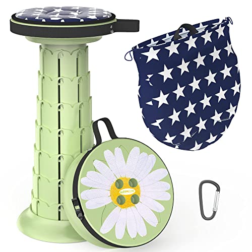 ALEVMOOM 椅子 折りたたみ椅子 おりたたみいす 伸縮スツール 折りたたみいす 折り畳み椅子 高さは45cmまで調整可能 伸縮式 耐荷重200kg 軽量 コンパクト 持ち運び便利 クッション カラビナ つき アウトドア キャンプ ハイキング 釣り BBQ 屋内 踏み台 運動会 体育館（クッション、収納バッグ、カラビナ含め） (グリーンハナ)