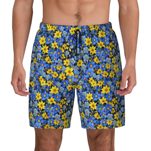Blue and Yellow Flowers Print Men Stylish Functionality Swim Trunks Breathable Beach Shorts Surfing Gym Fishing