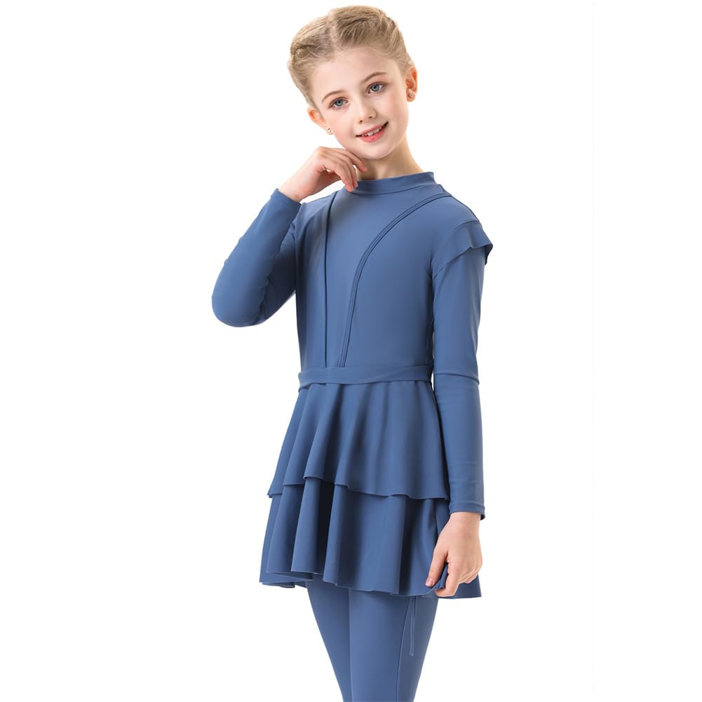 IMEKIS Maillot de bain 3 pièces pour fille musulmane à manches longues avec hijab couverture complète rashguard tankini à volants pour l'été