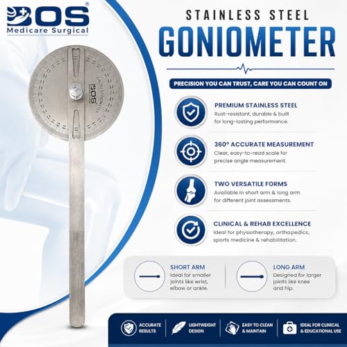 Image of 360 Stainless Steel Goniometer | Orthopedic & Physiotherapy Joint Range of Motion Measuring Tool | 6-Inch Medical Protractor for Knee, Elbow, Wrist & Shoulder