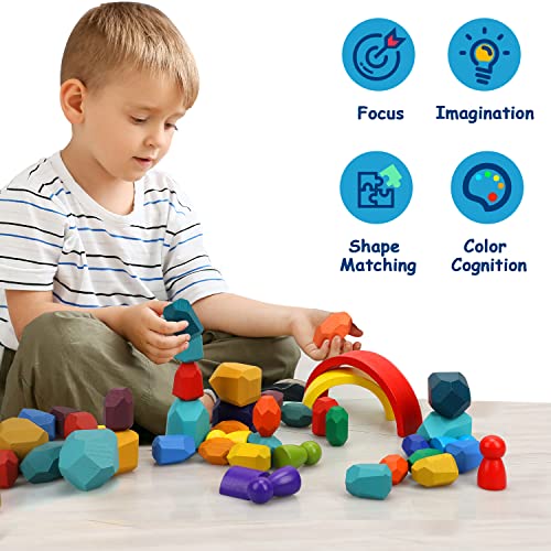 Toy Life 38 Pcs Wooden Rainbow Stacking Toys, Montessori Toys For 3 4 Years Old, Stacking Toddler Blocks, Stacking Stones, Rainbow Stacker, Stacking Rocks, Wooden Blocks For Toddlers Kids, Peg Dolls #TOP3
