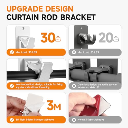 Universal Curtain Rod Holders, No Drill Curtain Rod Brackets, Self 3M Adhesive Curtain Rod Brackets Up to 30 LB, Nail Free Curtain Rod Hooks for Bathroom, Bedroom, Livingroom, Kitchen (8PC, Silver) - Image 4