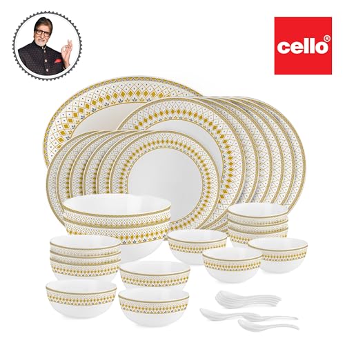 Image of CELLO Filigree Divine Series Opalware Dinner Set of 33 Pieces for Family of 6 | Bone-Ash Free & Leadfree Opal Glass, Microwave & Dishwasher Safe Plates & Bowls Crockery Set for Dining & Gifting
