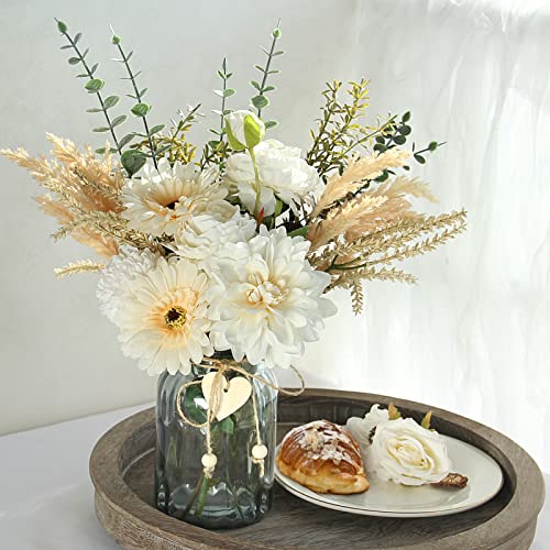 Poeuo Faux Flowers With Vase, Artificial Fake Flowers In Vase, Roses Silk Flowers With Eucalyptus Stems Arrangement For Kitchen Office Home Living Room Decorations Dining Table Centerpiece, Ivory #TOP4