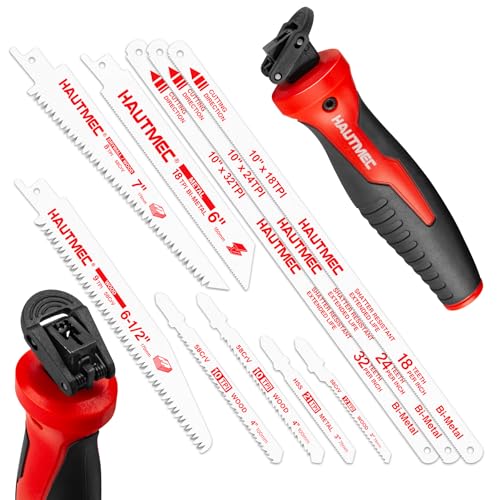 HAUTMEC 10-In-1 Multipurpose Hand Saw for Wood Metal Plastic & Drywall Compact Hacksaw with Tool-Free Blade Change Self-Locking Handle Blade Storage Box & 10 Professional Saw Blades HTHSH25032
