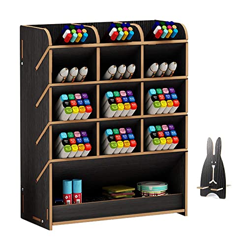 Image of Wooden Desk Organizer, Multi-Functional DIY Pen Holder Storage Box Desktop Stationary Storage Rack for Home, Office and School (Black)