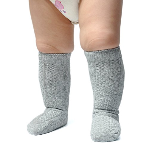 Epeius Unisex-Baby 3 Pair Pack Seamless Cable Knit Knee High Socks Infant Boys/Girls Uniform Stockings for 3-12 Months,Light Grey