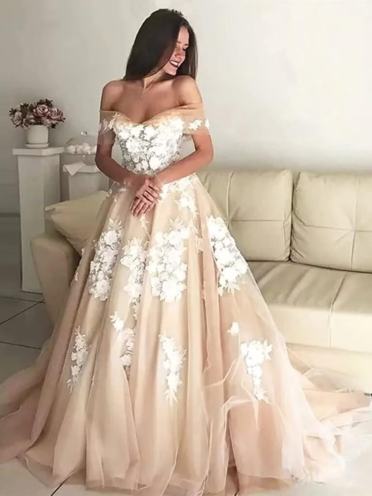 Floral lace champagnelining Sweetheart Women Bridal Ball Gown with Train Wedding Dress for Bride Long Plus Size