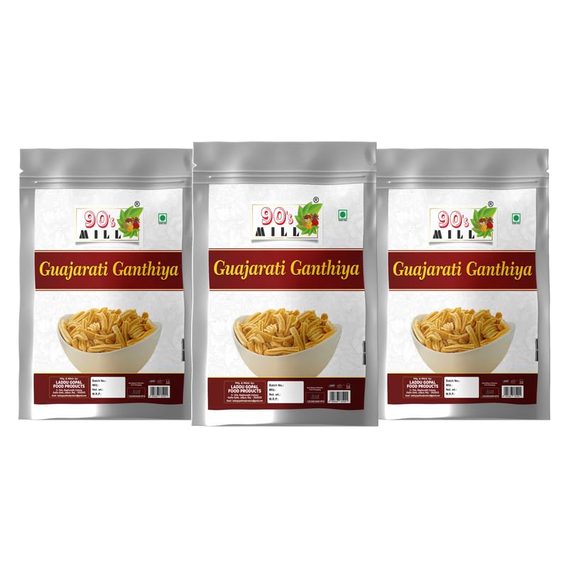 90's MILL Authentic BESAN GATHIYA AJWAIN BESAN STICKS | GUJARATI FARSAN | INDIAN SNACKS | HOMEMADE AND READY TO EAT | FARSAN NAMKEEN | NO PRESERVATIVE-1Kg*3Pack