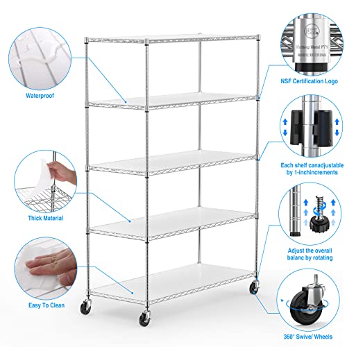 5 Tier 6000Lbs Capacity Nsf Metal Shelf Wire Shelving Unit, Heavy Duty Adjustable Storage Rack With Wheels & Shelf Liners For Commercial Grade Utility Steel Storage Rack, Chrome - 82"H X 48"L X 24"D #TOP2