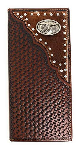 Texas West Western Men's Basketweave Genuine Leather Longhorn Long Cowhide Stud Bifold Wallet (coffee)