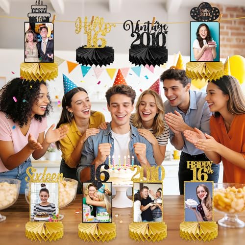 Image of Eucutur 8Pcs Sweet 16 Party Decorations Honeycomb Centerpieces for Boys Girls, Black Gold Vintage 2010 16th Bday Photo Table Centerpieces Party Supplies, Glitter Sweet Sixteen Bday Table Topper