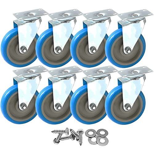 8 Pack 5 Inch Combo Caster Swivel Plate No Brake Plate Heavy Duty On Blue Pu Wheels With Heavy Duty Screws #TOP4