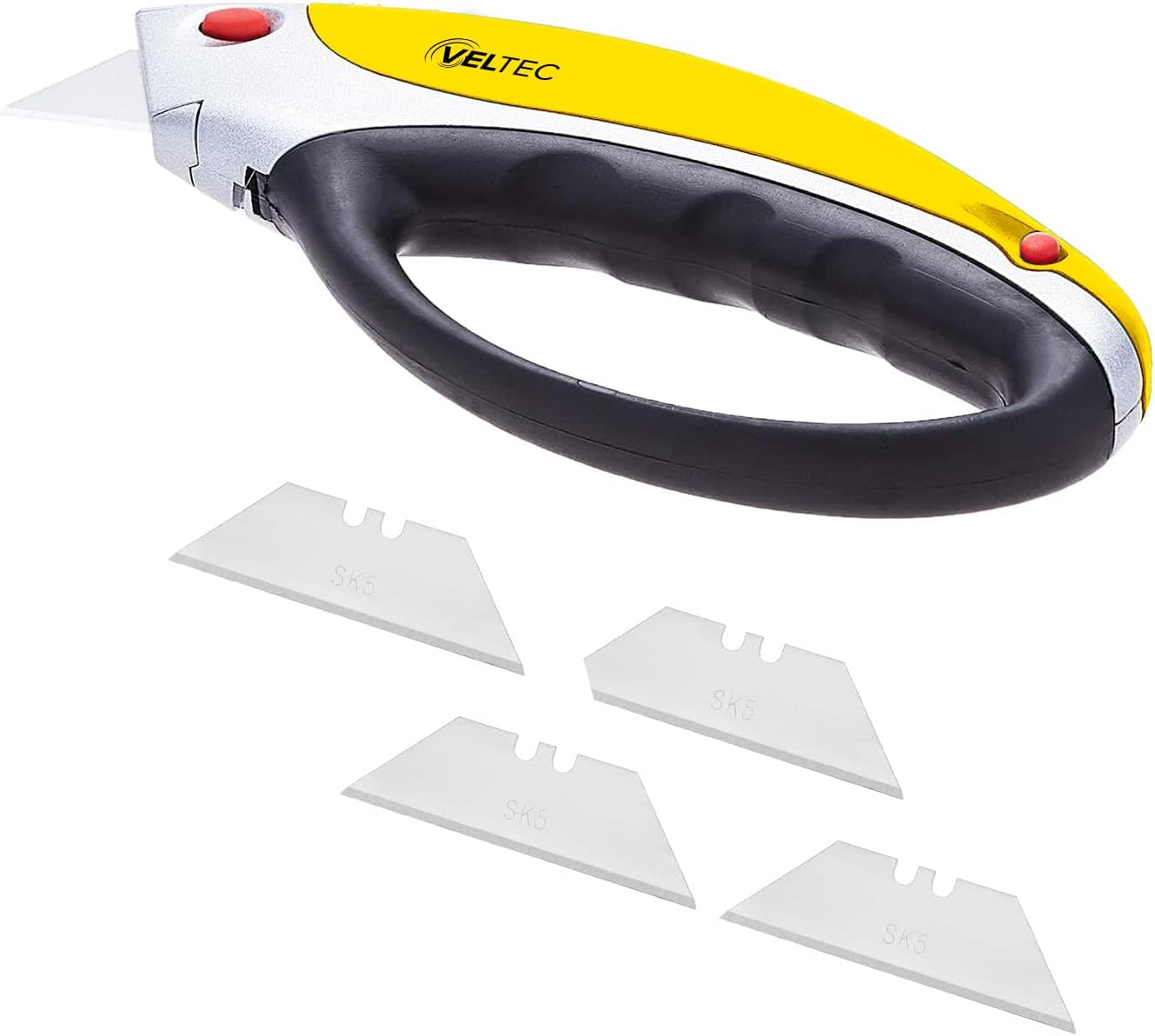 Veltec Heavy Duty Retractable Utility Knife, Box Cutter, Carpet Cutter with 3-Position Locking, Ergonomic Non-Slip Grip, 5 Reversible Replacements Blades SK5 (Yellow)