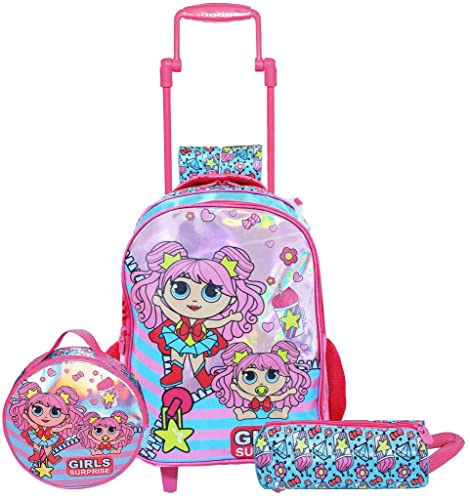 Mochila Bolsa Reforçada Escolar Infantil Menina Girls Surprise Rodinha Costas Holográfica Lancheira Térmica Estojo