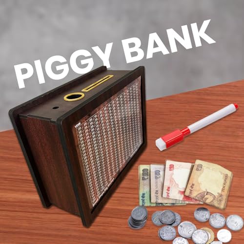 Image of Wooden Coin Bank for Kids & Adults, Money Box with Carved Design, Savings Box, Mini Bank, Donation Box, Smart Money Box, Wooden Coin Box, Money Saver, Piggy Bank with Numbers 120000