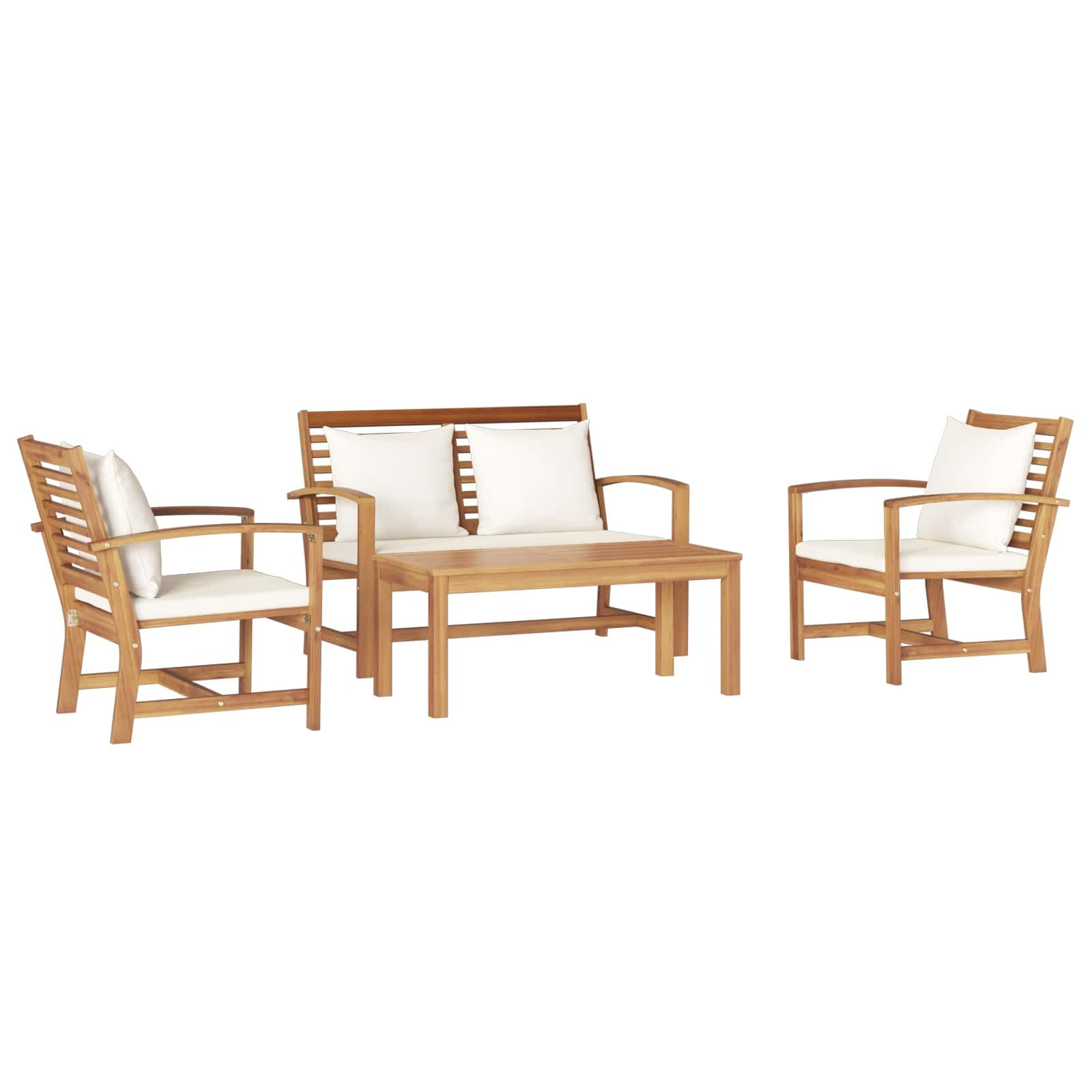 Ensemble de Jardin 5 Pièces en Bois de Teck Massif, Salon de Jardin Naturel avec 4 Fauteuils et 1 Table Basse pour Terrasse et Balcon, Design Moderne et Confortable