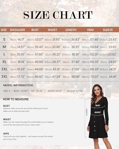 AUSELILY Herbstkleid Damen Strickkleid Dekorative KnöPfe Leichte Langarm Kleid Herbst Winter V-Ausschnitt A Linien Pulloverkleid Winterkleid Elegant Weinrot 2XL