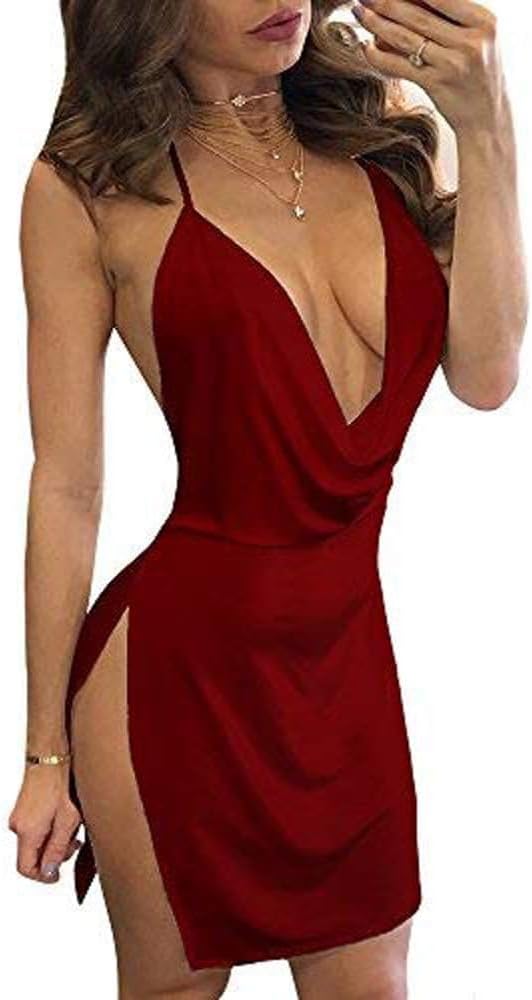 JOTWISWomen's Sexy Backless V Neck Mini Dress High Slit Club Night Out Party Cocktail Dresses
