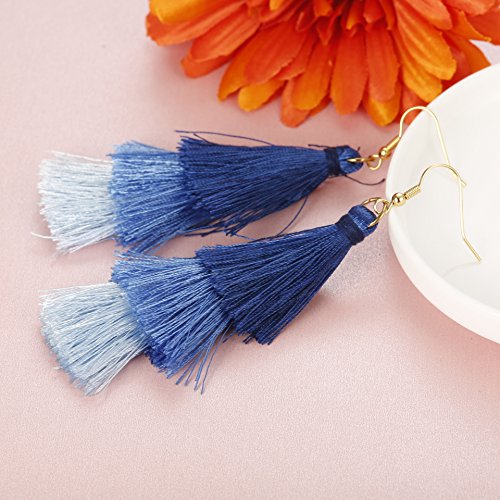 FINREZIO Dangle Tassel Blue Earring for Women Boho Earring Long Thread Tassel Earrings Bohemian Fringe Drop Handmade EarringsGradient4