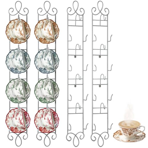 Blulu 4 Pcs 36'' x 5'' Tea Cup and Saucer Display Stand 4 Tiers Vertical Wall Mounted Cups and Plate Holder Wall Plate Hangers Decorative Brackets for China Coffee Mug Organizer Farmhouse (White)