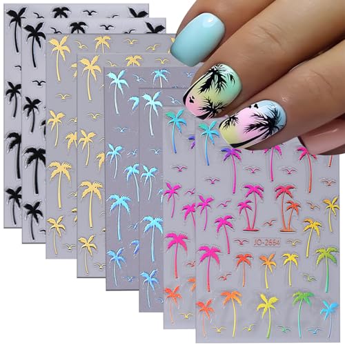 TBRZTR 8 Sheets Coconut Tree Nail Stickers 3D Self-Adhesive Summer Nail Decal Gold Black Laser Silver and Colorful Gradient Nail Decoration