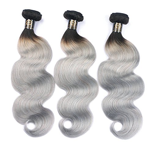 100% Human Hair Extensions Ombre 1B Grey Dark Root Body Wave Brazilian Hair Weave Bundles Silver Gray 100gram (18inch, 1B/Grey)