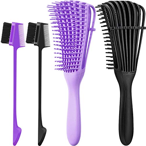 2 Pieces Detangling Brush Detangler and 2 Pieces Edge Brush Double Sided Hair Comb, Clean Knots for 3a to 4c Hair Textured Kinky Wavy Curly Wet Dry Oil Matted Hair (Black, Purple)