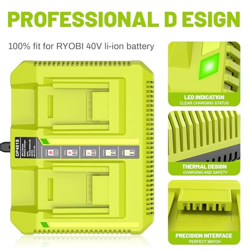 Futurebatt OP401 40V Lithium Battery Charger Dual Ports Fast Charger Compatible with Ryobi 40V Lithium-ion OP4015 OP4026 OP4030 OP4040 OP4050 OP4060 OP40261 OP40301 OP40401 OP40501 OP40601