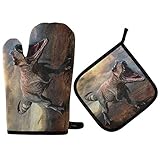 Tyrannosaurus T-REX Oven Mitt & Pot Holder Set Potholders - Heat Resistant Kitchen Glove for Cooking Baking Grilling Barbecue