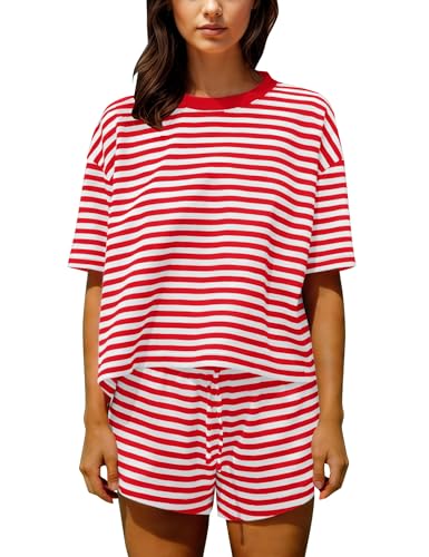 Image of Ythomm Striped Pajamas Shorts Sets Women 2 Piece Lounge Outfits Short Sleeve Tees Drawstring Shorts Summer Matching Pj Sets