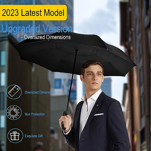 Image of SIEPASA 40 /49 /56 /62 Inch Inverted Reverse Upside Down Umbrella, Extra Large Double Canopy Vented Windproof Waterproof Stick Umbrellas with C-shape Handle.(Black, 56 Inch)