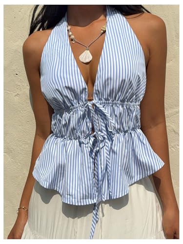 Milumia Women's Striped Tie Bow Front Halter Top Sleeveless Ruched Ruffle Hem Tank Tops4