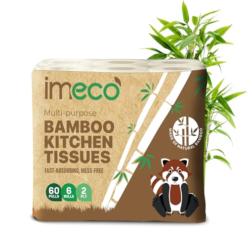 Image of IMECO 2 Ply Bamboo Kitchen Tissue Roll - 360 Pulls | 60 Pulls x 6 Rolls | Pure Bamboo Pulp | Kitchen Towel Roll | Soft, Super Absorbent & Strong | Chemical-Free Paper Tissue