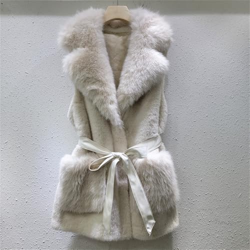 Faux Fur Long Vests for Women Casual Lapel Sleeveless Warm Gilet Fluffy Shearling Coat with Belt and Pockets2