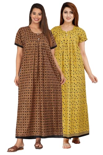 Image of Kuruti B Sheets Cotton Nighty for Women Jaipuri Print 2 Button Round Neck Short Sleeve Night Gown | Maxi Dress