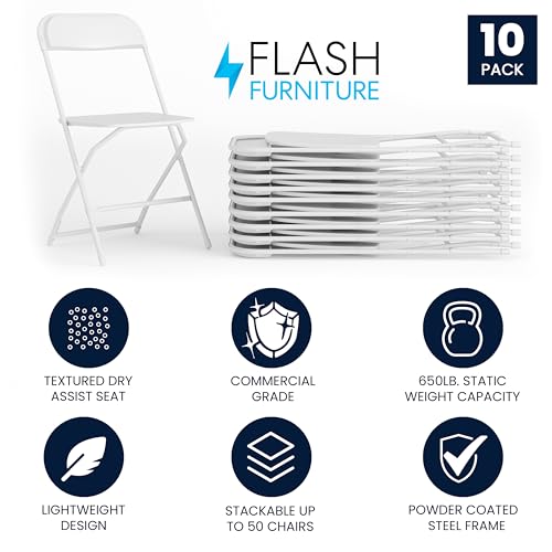 Image of Flash Furniture Hercules Set of 10 Indoor /Outdoor Heavy-Duty Plastic Folding Chairs, Foldable Commercial Stacking Chairs with 650-lb. Static Weight Capacity, White