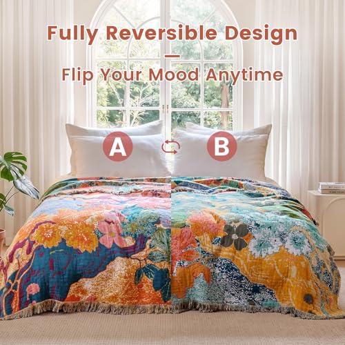 Image of MSGKV Boho Throw Blanket 50 inchx60 inch Cotton Floral Blanket for Couch & Sofa