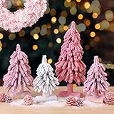 Soulchen 4 Pcs Mini Pink Christmas Tree Snow Tabletop Tree Decor 3 Size Flocked Mini...