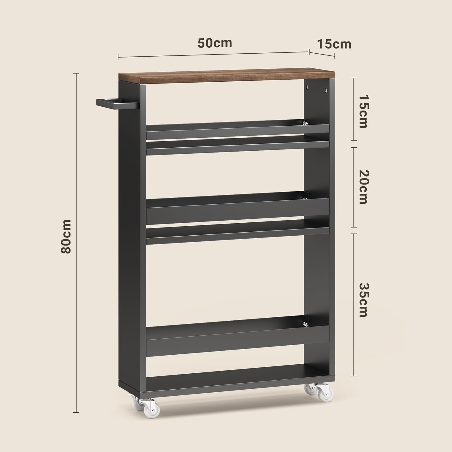 Xbro 3-poziomowy regał wnękowy, minimalistyczny z rustykalnym, 4 półki, szerokość 15 cm, przenośny, nie zajmuje dużo miejsca, 50 x 15 x 80 cm, czarny