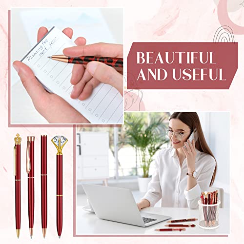 Image of Janmini Metal Crystal Glitter Ballpoint Pen Set 9 Pcs Black Ink Cute Cute Things Novelty Gifts for Women Girls Birthday Home Office (Wine Red)