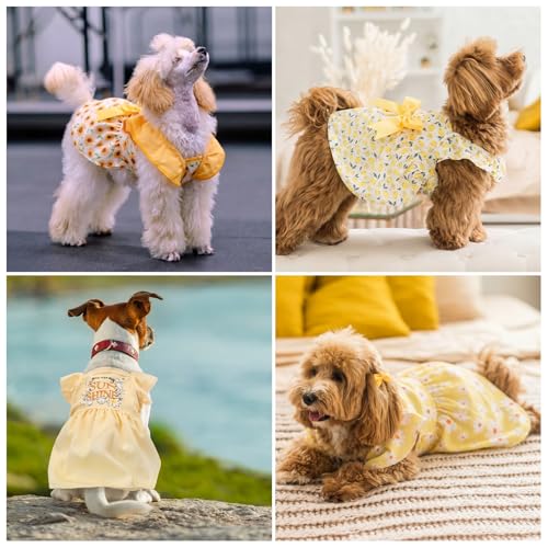 Abbylike 5 Pcs Dog Dress Floral Daisy Sunflowers Lemon Plaid Bowknot Dog Clothes Summer Yellow Puppy Dresses Outfits Cute Apparel for Small Pets Cats Female (Large) - Image 7