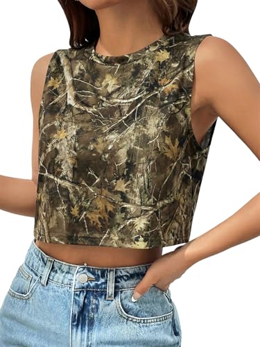WDIRARA Womens Y2k Camo Print Crop Tank Top Sleeveless Crewneck Streetwear Top Grey Brown Medium