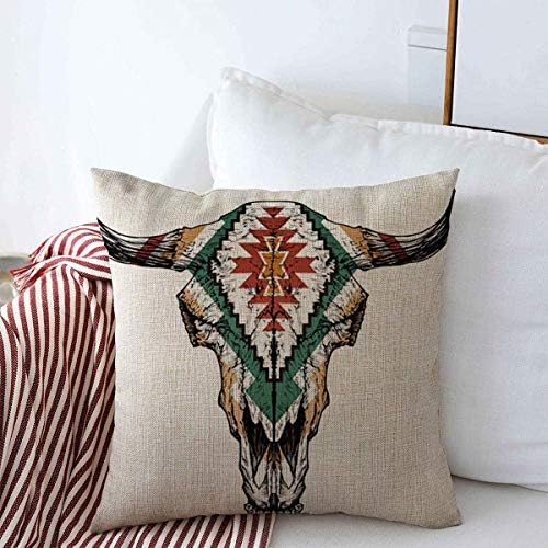 Throw Pillow Covers 20" x 20" Horns Aztec Bull Auroch Skull On White Head Wildlife Cow Psychedelic Mexican Bison Design Ancient Cushion Square Linen Pillowcase for Winter Home Decorative