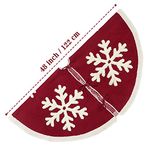 LimBridge Knitted Christmas Tree Skirt, 48 Inches Knitted Christmas Decorations, Wine Red Heavy Yarn Xmas Holiday Decoration with White Snowflakes, Burgundy and Cream